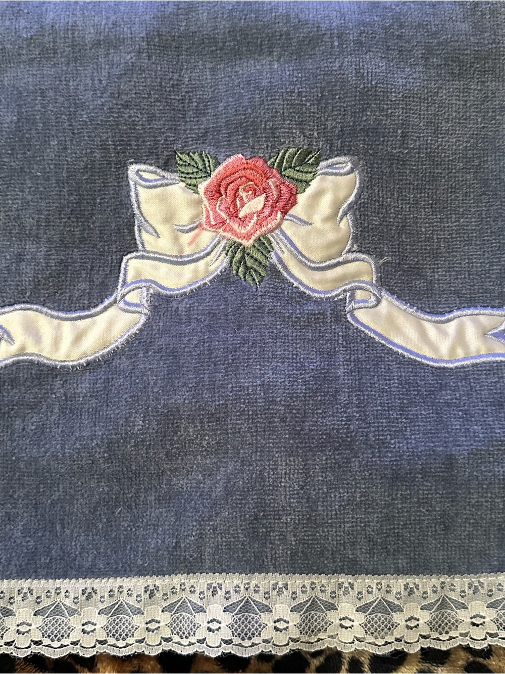 Vintage Blue with Pink Rose Embroidery with lace border towel set.